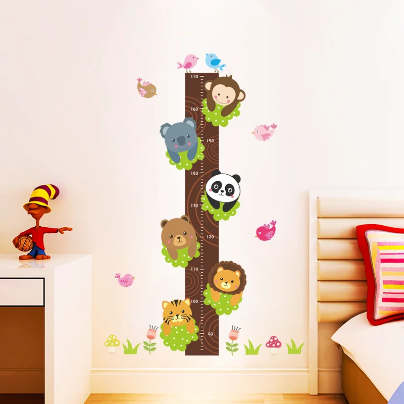 

Tiger Panda Monkey Birds Tree Growth Chart Wall Stickers Kids Baby Children Bedroom Decoration Decor