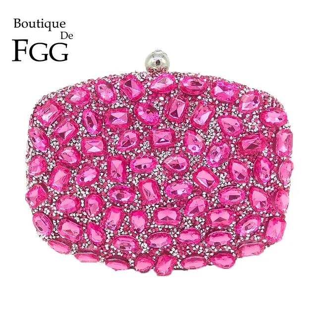 Fuchsia Pink Diamond Crystal Women Evening Tail Party Clutches Fuchsia Pink Diamond Crystal Women Evening Tail Party Clutches Bags Gold Handbag Purse Bridal