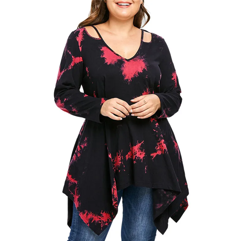 

KWAN_Vogue women V-Neck Hollow Out long sleeve shirt women plus size Not Positioning Print Ruched Top Irregualr casual Tee #2