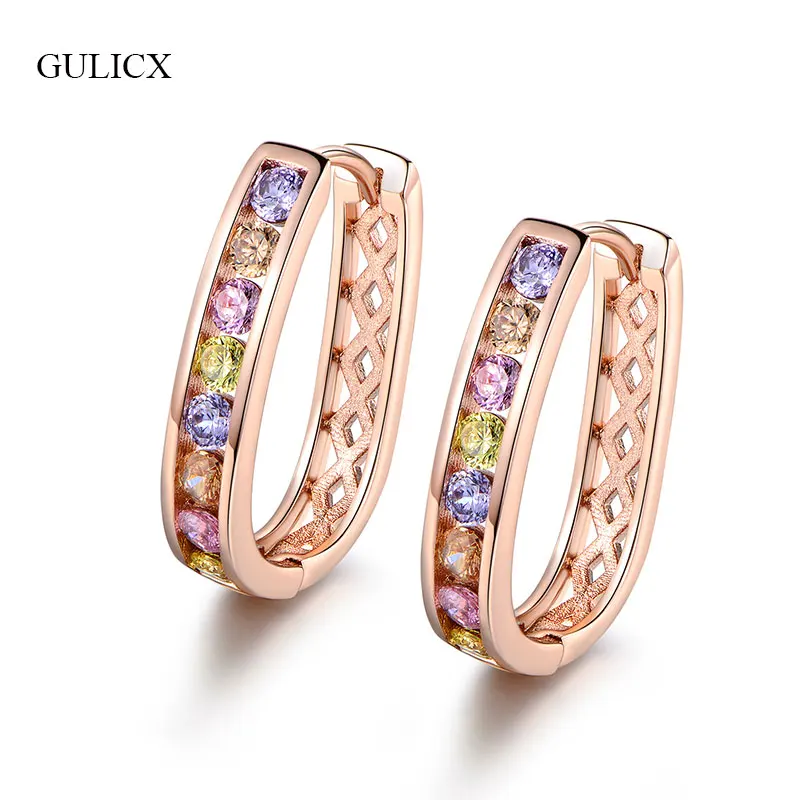 

GULICX Fashion Square Shape Big Hoop Earing For Women Rose Gold Color CZ Zircon Multicolored Stone Wedding Earrings Jewelry E307