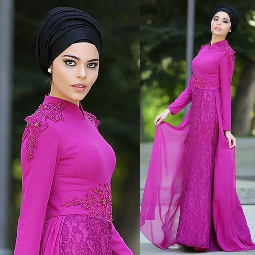Stunning fuchsia Muslim font b Hijab b font Evening Dresses 2017 High Neck Long sleeves Prom