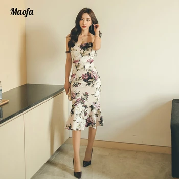 

2018 Summer floral print Mermaid Dress Women slash neck Notched Collar Vintage Office Lady Dress Elegant strapless Dresses