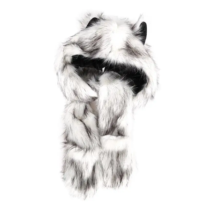 New Fashion Warm Winter Faux Fur Hooded Long Scarf Glove with Animal