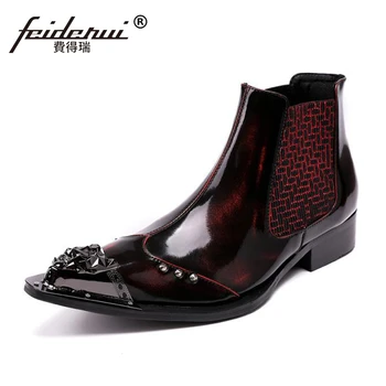 

Plus Size Fashion Punk Rocker Man Handmade Pointed Toe Metal Tipped Shoes Patent Leather Studded Men's Chelsea Ankle Boots SL46