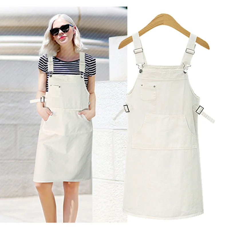 

Europe 2108 Summer New Large Size Strap Denim Sundress Dress Women Fashion Solid Loose Jeans Dress for Fat Female