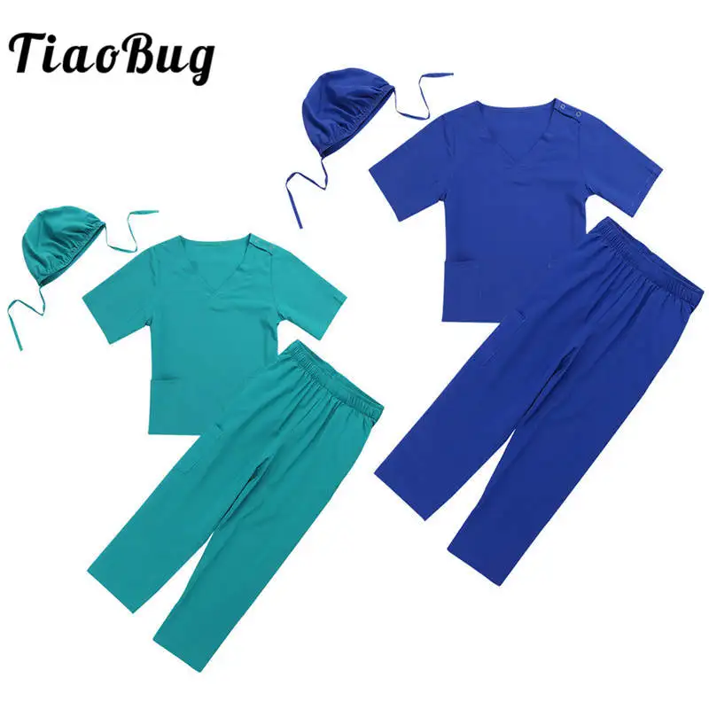 

TiaoBug Unisex Kids Boys Girls Surgeon Doctor Lab Uniform Tops with Pants Cap Set for Halloween Cosplay Party Costume Age 2-14