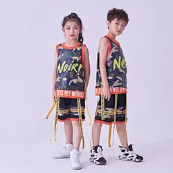 Современные дети джаз танец костюм комплект для девушки мальчика блесток Камуфляж хип-хоп сцены Танцы костюмы DL2457