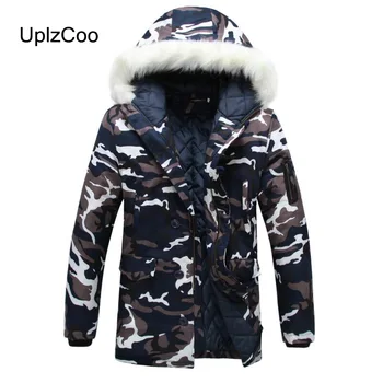 

UplzCoo 2019 Winter Men's Coat Cotton Warm Thick Casual Camouflage Fur Collar Hooded Military Couple Javket Long Parkas FM153