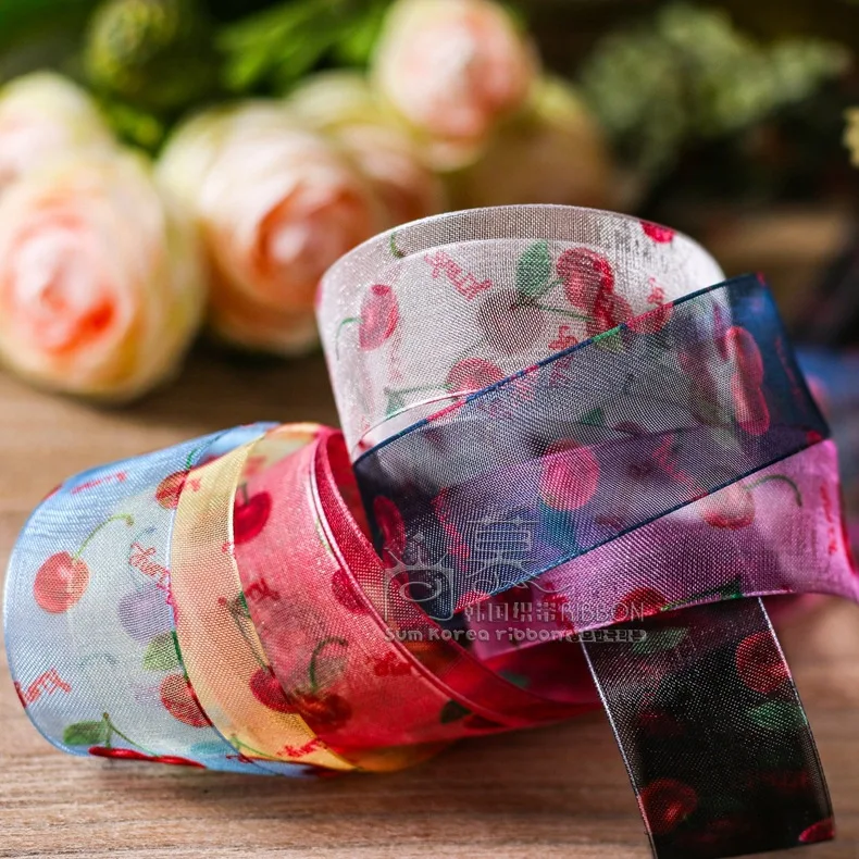 

100yards 16/25/40mm printed cherry organza sheer ribbon for children kids hair bow clip head band accessories handcraft supplies