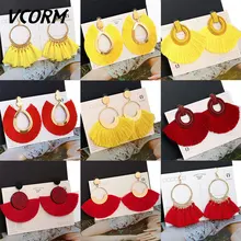 VCORM богемные большие висячие серьги с кисточками для женщин модные ювелирные серьги Роскошные серьги с бахромой из хлопка и шелка