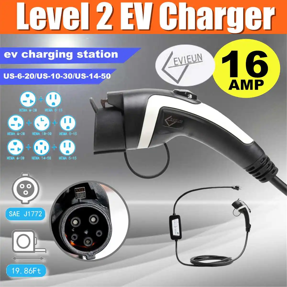 

100-240V Level 2 EV Charger EVSE Home Enabled Electric Vehicle Charging Station-16A EV Car Charger 1.7ft+16.5ft