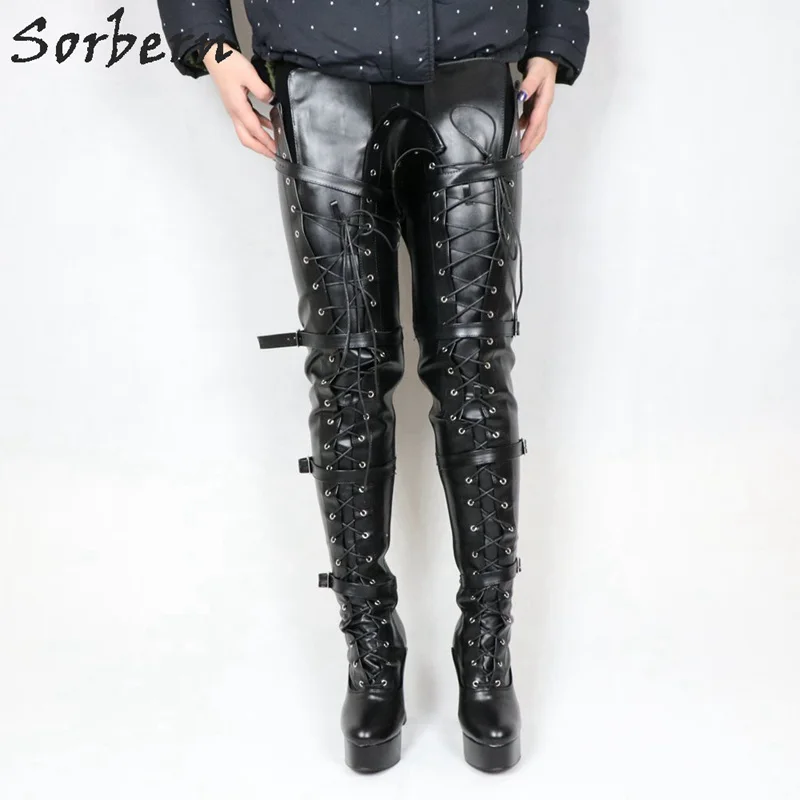Женские высокие сапоги до бедра Sorbern на платформе 12 см со шнуровкой в стиле Goth
