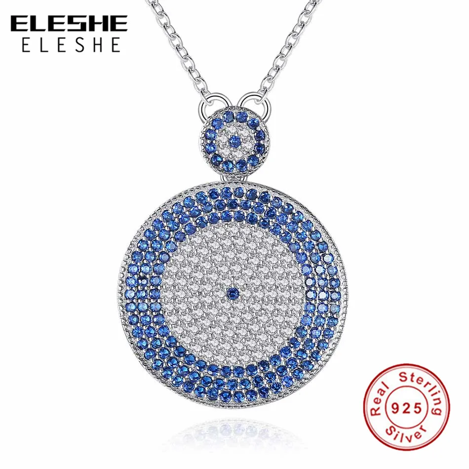 ELESHE Double Round Unique Cubic Zirconia Blue Crystal Necklace & Pendants 925 Sterling Silver Elegant Wedding Jewelry For Women