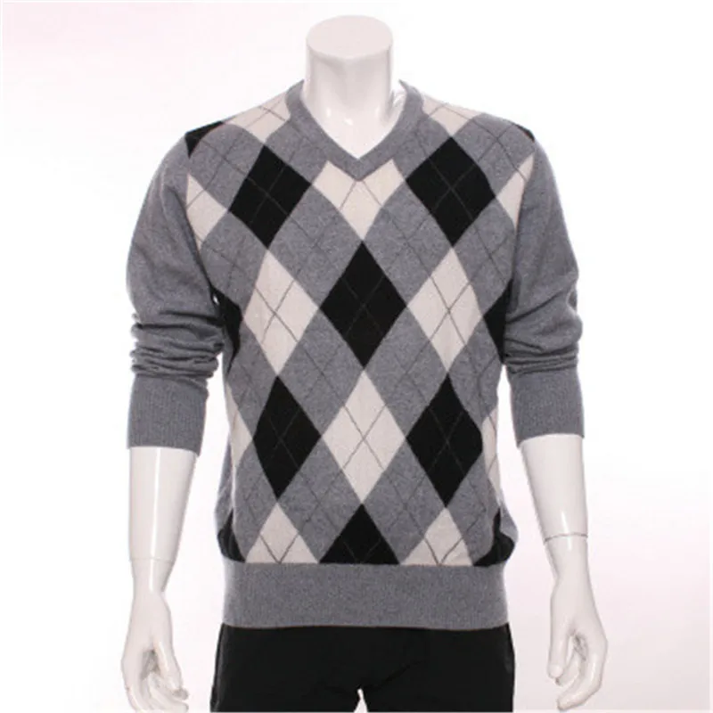 new arrival 100goat cashmere v neck knit men fashion argyle pullover