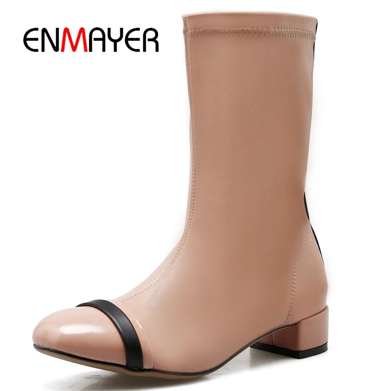 

ENMAYER New Arrival women round toe zip square heel boots lady fashion color block boots Size 34-39 ZYL824