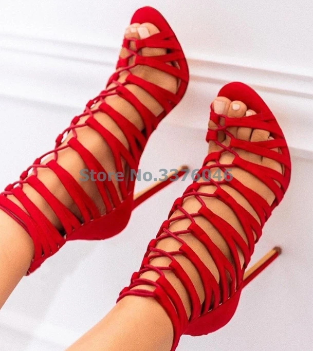 

Red Suede Hollow Out Thin High Heel Sandals Nubuck Peep Toe Cross Tied Stiletto Heel Sandals New Summer Casual Women Shoes