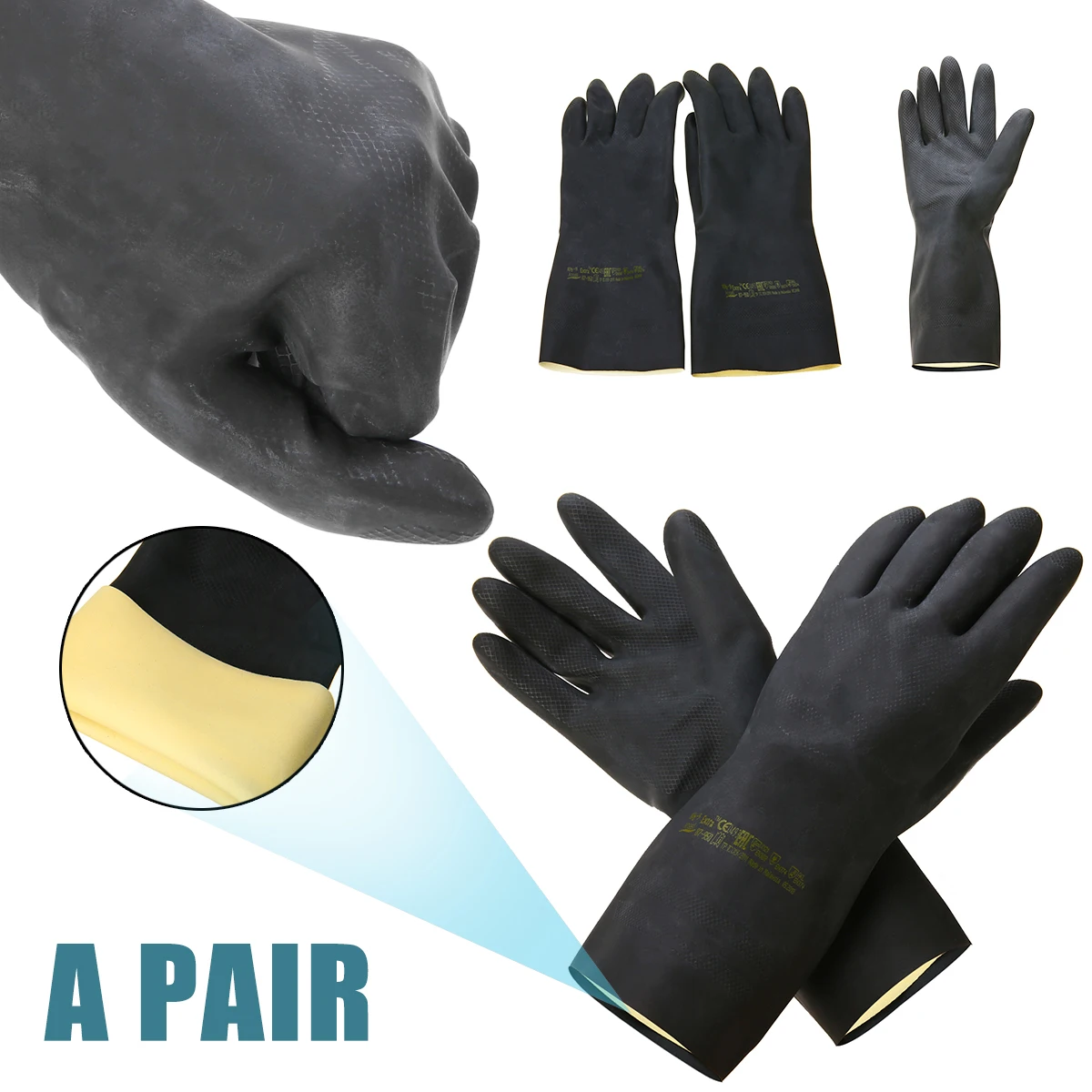 2pcs Black Heavy Duty Natural Rubber Gloves Household Gloves Acid Alkali Resistant Chemical Gauntlet for Garden Tool