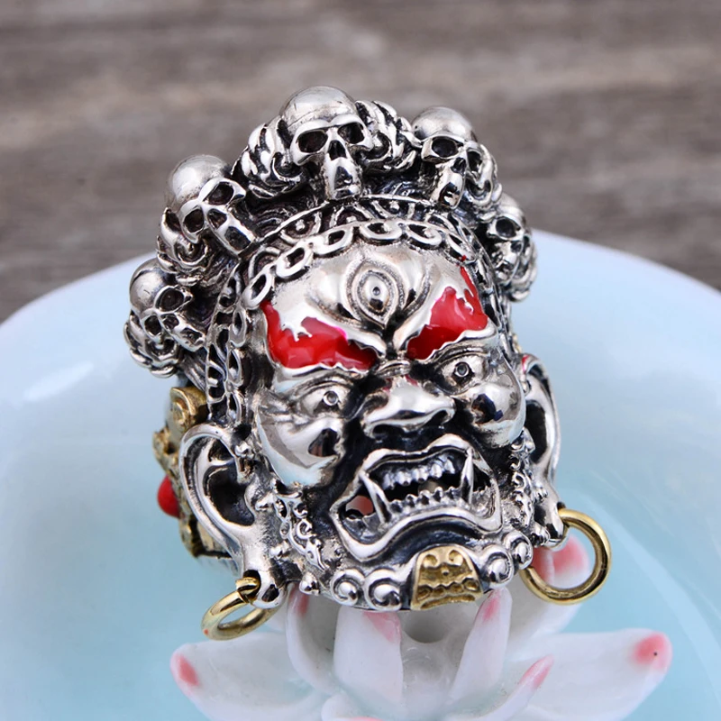 

100% Real 925 STERLING SILVER Punk Rock men's skull Lord Krishna boyfriend fashion jewelry gift adjustable size A1386