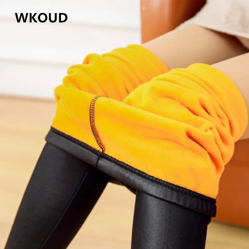 

WKOUD Winter Leather Leggings For Women Gold Fleeces Warm Pants Skinny Women's Thickening Leggings Footless Trousers P8118