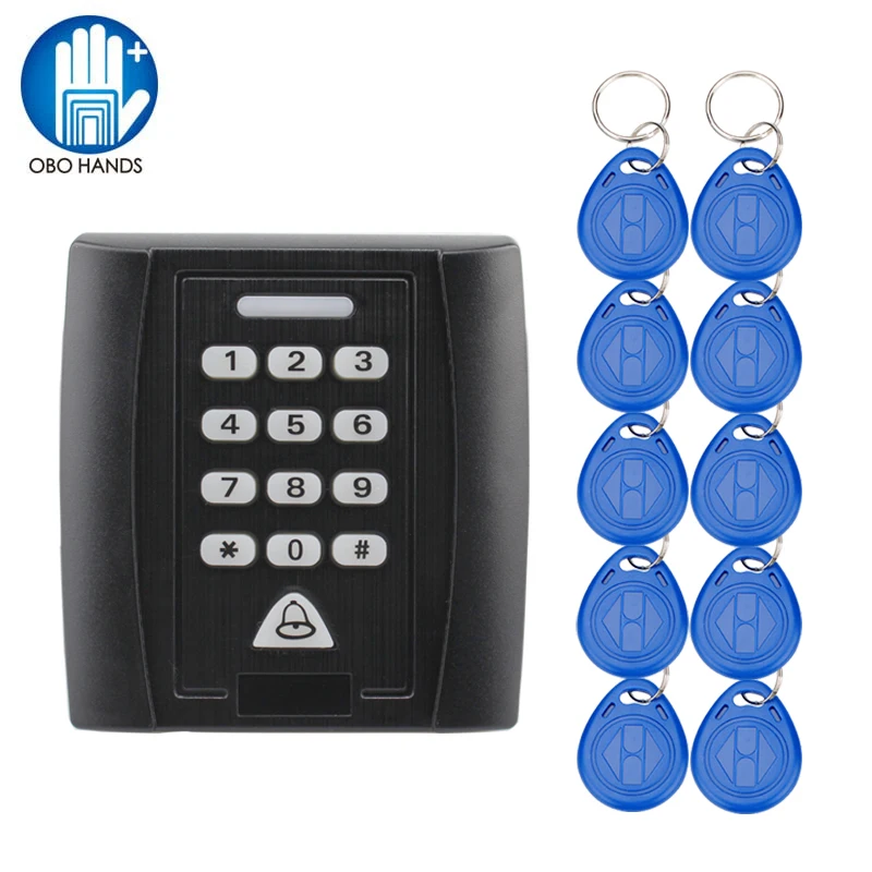 

Black RFID 125KHz Access Control Keypad RFID Card Reader with 10pcs TK4100 EM ID Keyfobs RIFD Key Card
