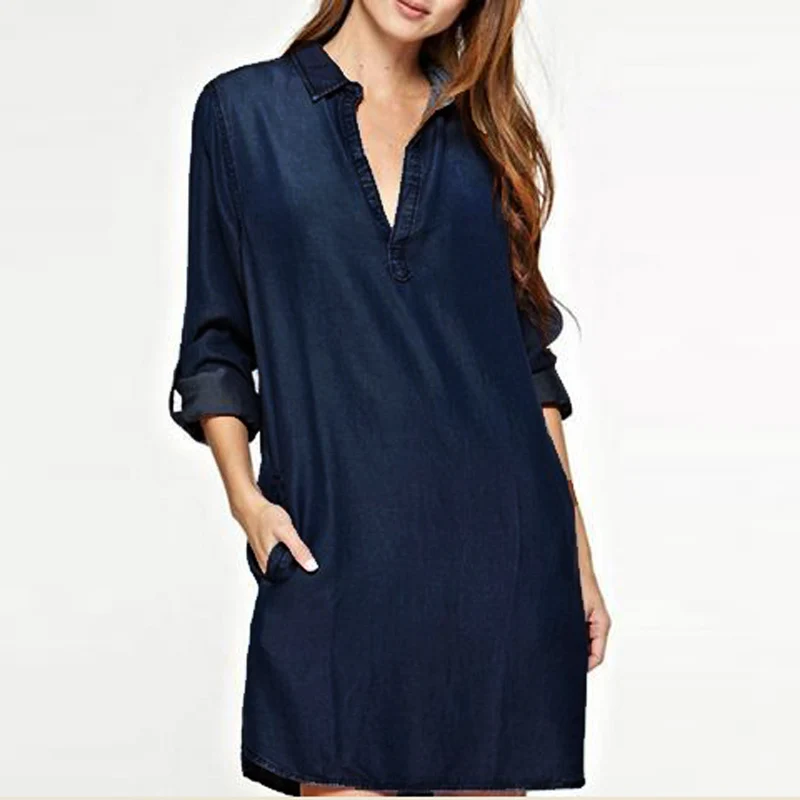 

Ladies Women Fashion Denim Blue Jean Look V Neck Plunge Sexy Trun Down Collared Mini Shirt Dress Vestido Plus Size