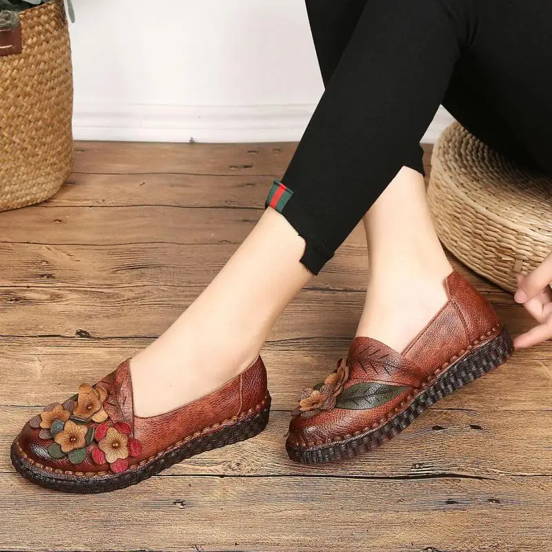 

Women Leather Flats Gray Low Heels Flower Spring Shoes 2019 Women Loafers Genuine Leather Handmade Ballat Flats Lazy Shoes Soft