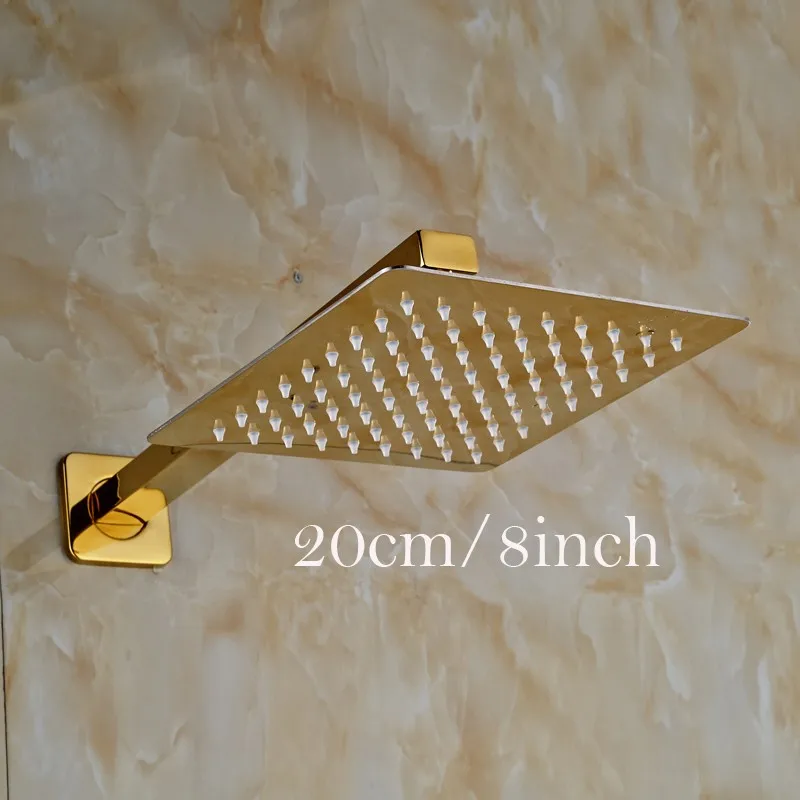 Ultrathin Stainless Steel Golden Colored Rainfall Type Shower Head with Wall Mount Shower Arm