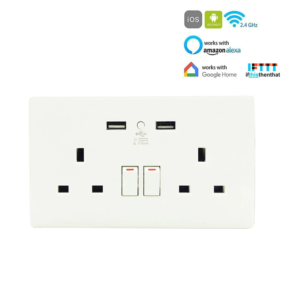

Electrical Wall Socket Smart Charger Adapter Voice Control Dual USB Switch WIFI UK Plug Outlet Panel