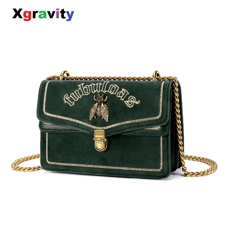 

Xgravity Chain Shoulder Messenger Bags Bee Designer Women Clutch Handbags Fashion Embroidery Letter Velour Bags Purse H136