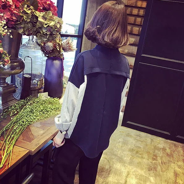 Mr.nut Korean Ocean loose loose vertical stripes stitching O-neck long-sleeved hooded hooded women's casual shirt