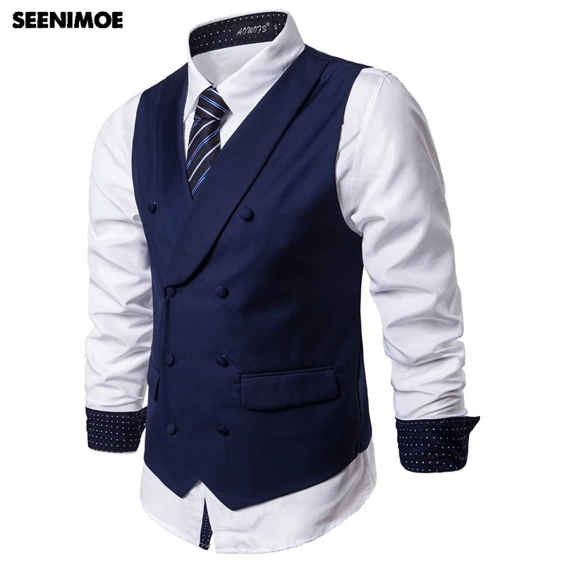 

Seenimoe 2019 Mens Vest Suit Formal Blazer Vests Double Breasted Turn collar Solid Party Dress Vest Male S-5XL Mens Waistcoat