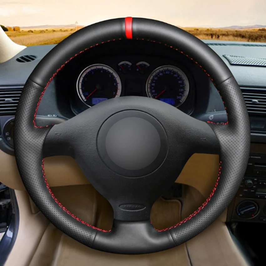 Black Natural Leather Red Marker Car Steering Wheel Cover for