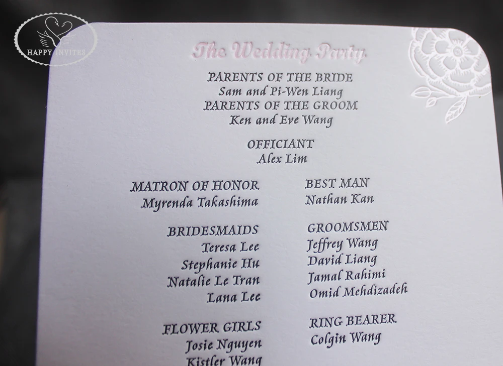 HI9035-04 Custom Elegant White Wedding Program Fan with Black & Pink Foil Letterpress Made in China