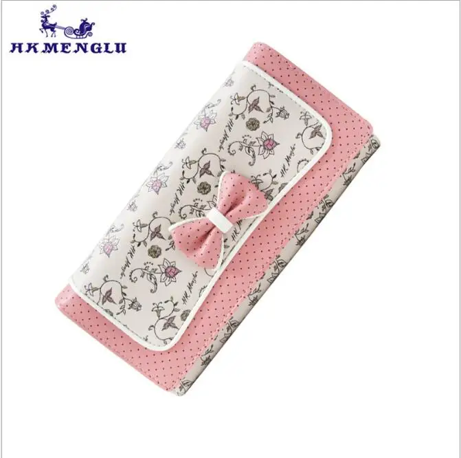 

HKMENGLU 2018 Pink Women Wallet Sweet Bow Long Purse Lovely Flower Print Clutch Cute Student Wallet Drop Shipping Free Shipping