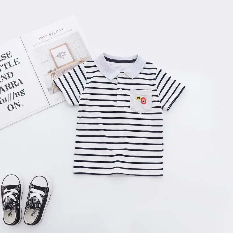 Fashion Summer Cotton Striped Baby Boys Short Sleeved T-shirt Printed Children Tees Kids Tops For Age 2-7 Years Old