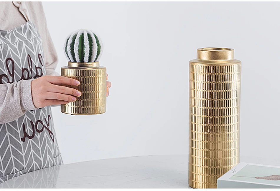 Европейская Золотая керамическая ваза высокого качества металлическое покрытие цветная ваза для цветов Сушеные Цветочные украшения цилиндрические вазы декоративные для дома