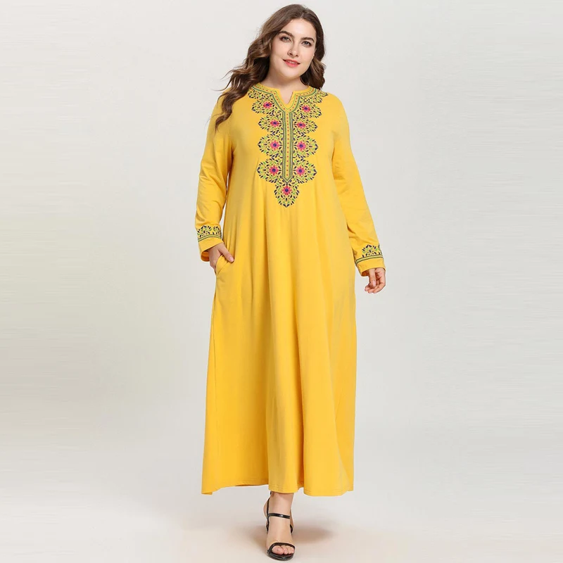 

Quality New Arab Ethnic Embroidery A-line Abaya Kaftan Muslim Dress Women Dubai Abaya with Pockets Plus Size 4XL YELLOW PINK
