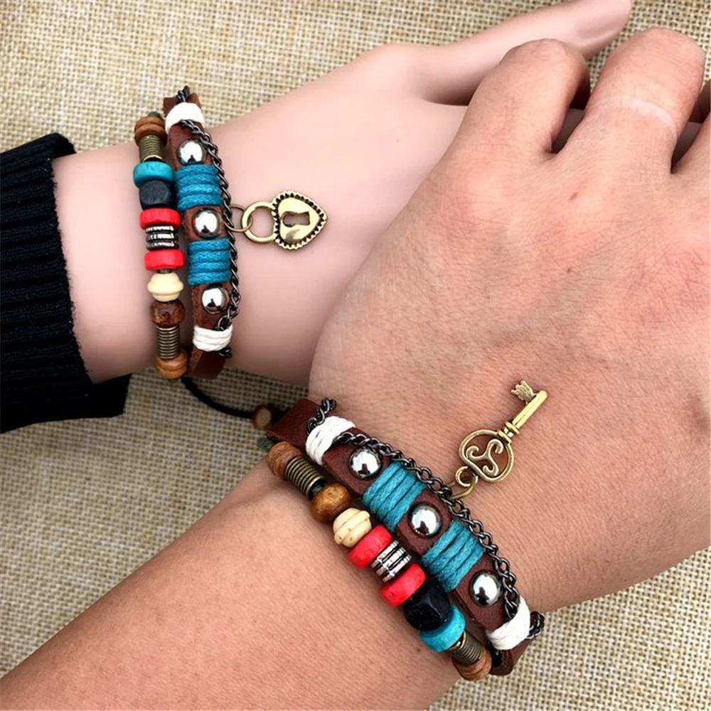 

BRT0075 2Pcs/Pair Hot Lovers Beaded Bracelets Charm Lover Leather Bracelet Hot Couple Jewelry For Men and Women