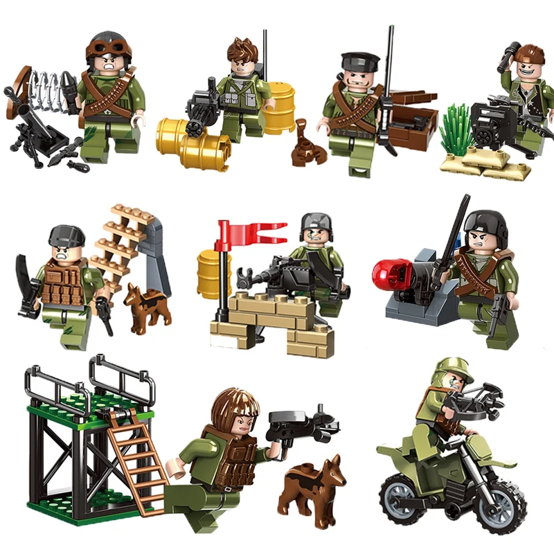 Chinese Military Army Soldiers Building Blocks Sets With Weapons And Guns LEGOINGLYS WW2 Figures Motorcycle Brick