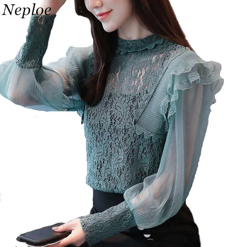 

Neploe Blusas Chiffon Ruffles Shirt Lace Patchwork Blouse 2019 Spring Long Sleeve S-neck Tops Hollow Out Woman Blouses 34777