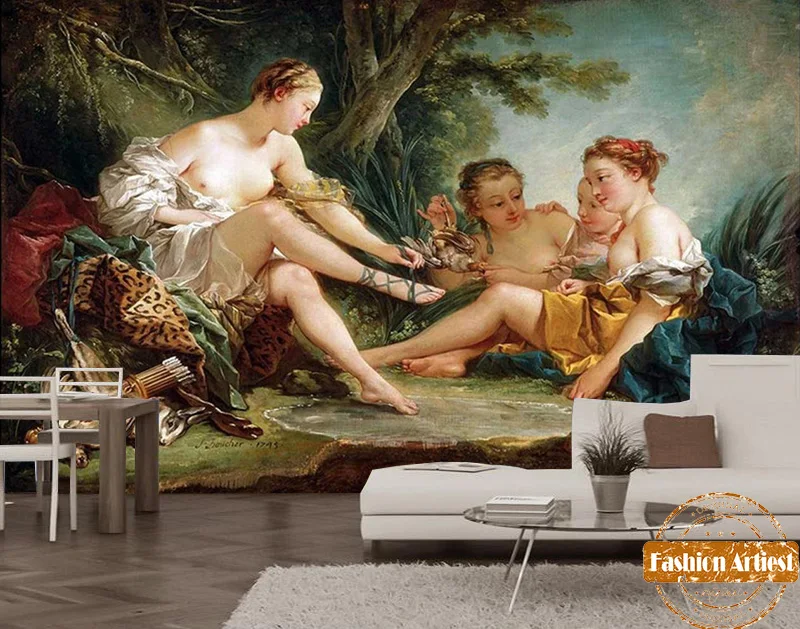 

Custom vintage Rococo style oil painting wallpaper mural Francois Boucher Godness Diana tv sofa bedroom living room cafe bar