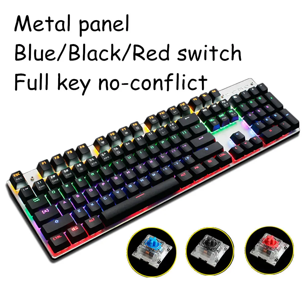 Механическая клавиатура с нулевым покрытием 87/104, синяя, красная, черная, с подсветкой, светодиодный, светящаяся, проводная игровая клавиатура, русская наклейка - Цвет: mix light black 104