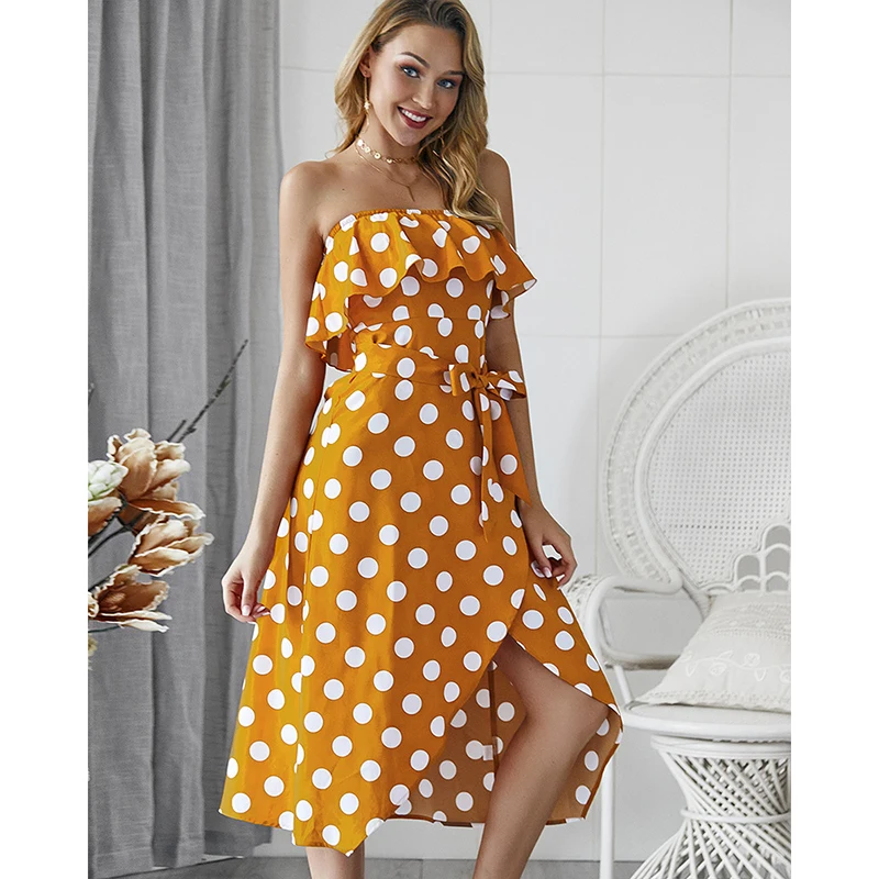Boho Летнее пляжное платье в горошек 2019 женское Бандажное с оборками без бретелек
