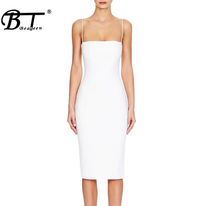 

Beateen 2019 New Simple Square Neckline Spaghetti Skinny Straps Sleevelss Bodycon Women Midi Dress White