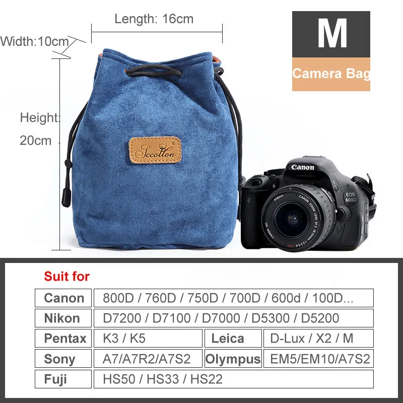 Vintage Velvet Fleece DSLR Bag Drawstring Bag Lens Pouch Protection Camera Dust-proof Scrach-proof for Canon Nikon Sony Pentax - Цвет: Camera Bag Blue M