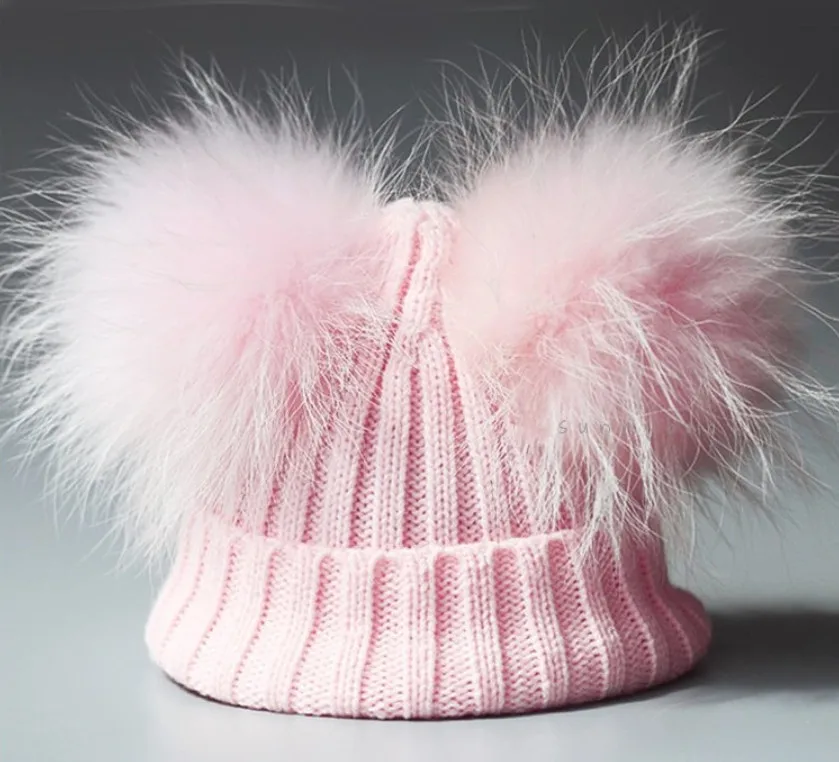 

Winter Baby Knit Hat With Two Fur Pompoms Boy Girls Natural Fur Ball Beanie Kids Caps Double Real Fur Pom Pom Hat for Children