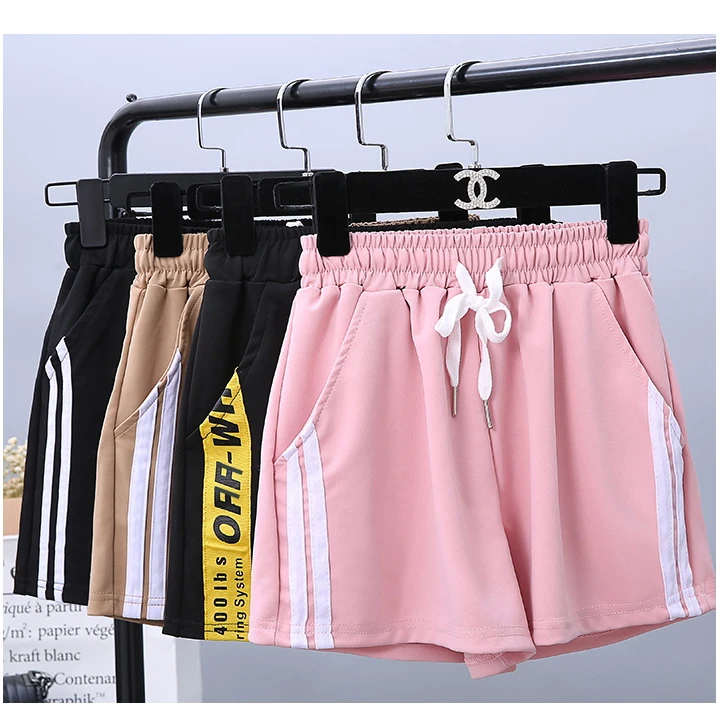 

Women Casual Shorts Yellow Sides Stripe High Waist Joggers Loose Harajuku Wide Hot Shorts Capirs BF Style Pink Casual Workout