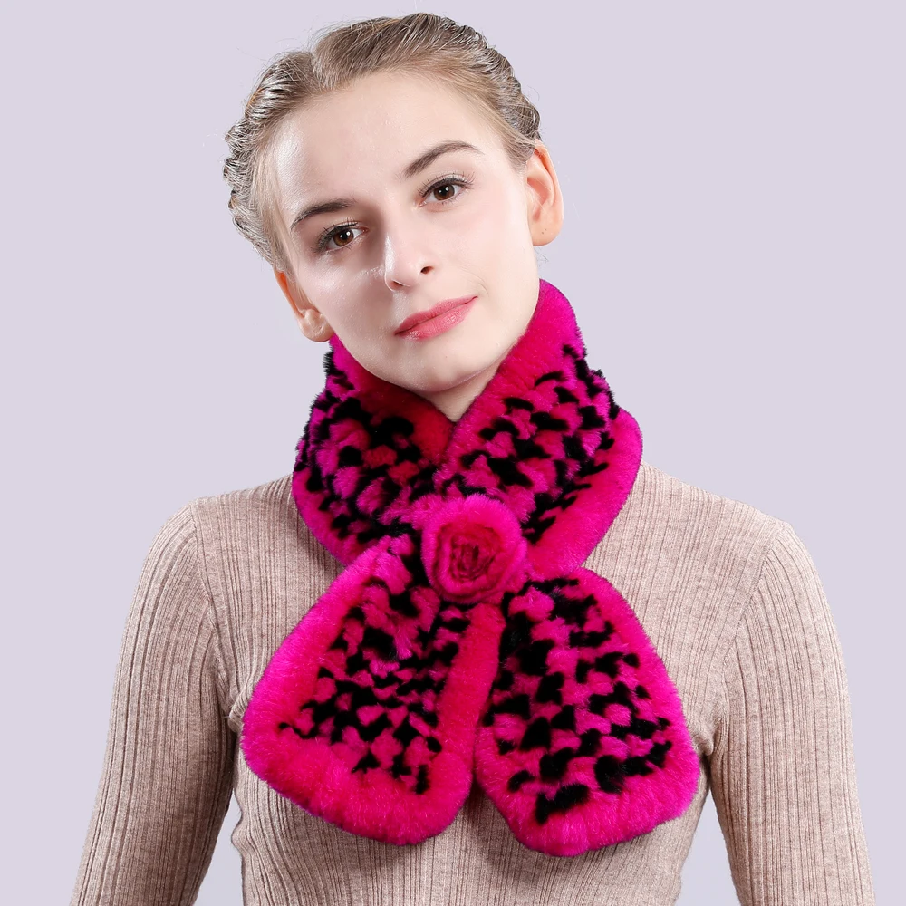 Hot Sale Handmade Knitted Real Natural Rex Rabbit Fur Scarf Winter Real Rex Rabbit Fur Scarves Women Rex Rabbit Fur Ring Shawl