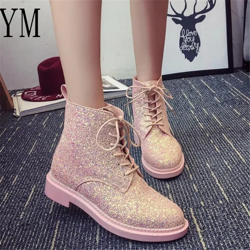 

Women Pink PU Bling Ankle Boots shoes Sexy Square Heel Women Boots Fall Winter Boots Lace up Fashion Martin Women Shoes Mujer