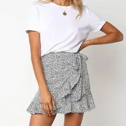 2019 новые женские модные юбки пляжные повседневные Boho Dot Printed Ruffles Асимметричная мини-юбка короткие кружевные летние юбки для вечерние милые